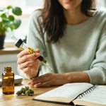 Close-up of an adult woman’s hands dispensing cannabis oil from a dropper into an amber bottle on a table with a basal thermometer and closed journal, in bright natural light with a softly blurred apartment interior and distant city skyline.