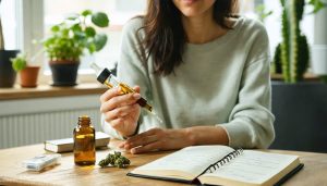 Close-up of an adult woman’s hands dispensing cannabis oil from a dropper into an amber bottle on a table with a basal thermometer and closed journal, in bright natural light with a softly blurred apartment interior and distant city skyline.