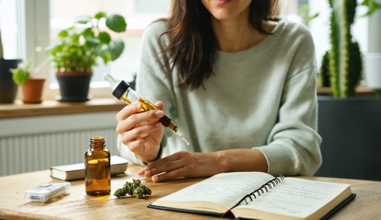 Close-up of an adult woman’s hands dispensing cannabis oil from a dropper into an amber bottle on a table with a basal thermometer and closed journal, in bright natural light with a softly blurred apartment interior and distant city skyline.
