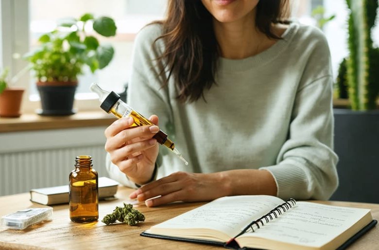 Close-up of an adult woman’s hands dispensing cannabis oil from a dropper into an amber bottle on a table with a basal thermometer and closed journal, in bright natural light with a softly blurred apartment interior and distant city skyline.