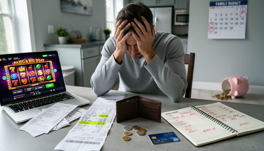 Stressed woman at kitchen table with bills and financial paperwork