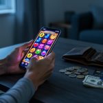 Woman’s hands hold a glowing smartphone with colorful slot reels while an almost-empty wallet, coins, and credit cards lie on a dim coffee table; the living room background is softly blurred.