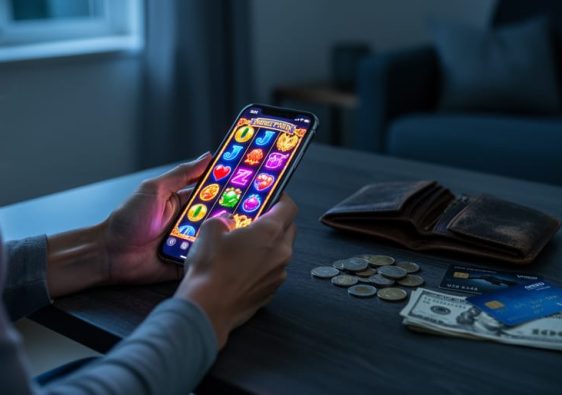 Woman’s hands hold a glowing smartphone with colorful slot reels while an almost-empty wallet, coins, and credit cards lie on a dim coffee table; the living room background is softly blurred.