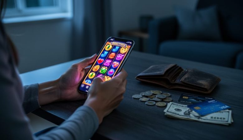 Woman’s hands hold a glowing smartphone with colorful slot reels while an almost-empty wallet, coins, and credit cards lie on a dim coffee table; the living room background is softly blurred.