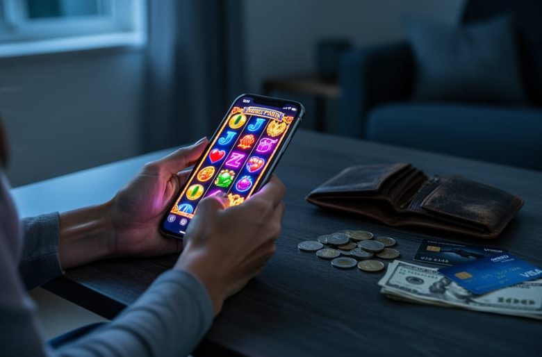 Woman’s hands hold a glowing smartphone with colorful slot reels while an almost-empty wallet, coins, and credit cards lie on a dim coffee table; the living room background is softly blurred.