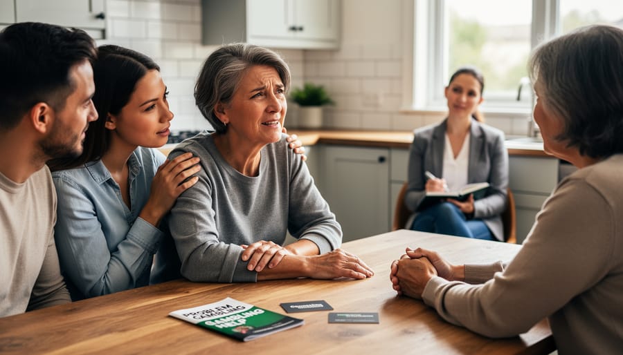 Two women having supportive conversation on couch with comforting gesture