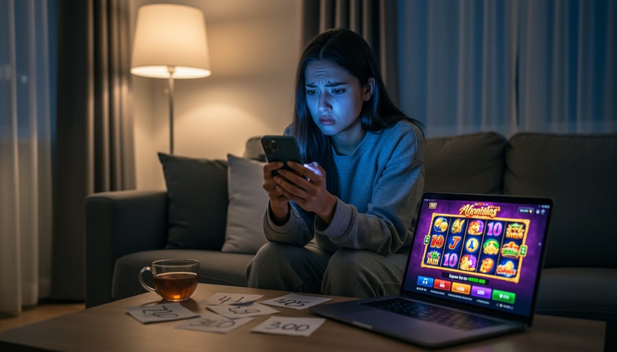 Woman's hands holding smartphone with casino app visible on screen