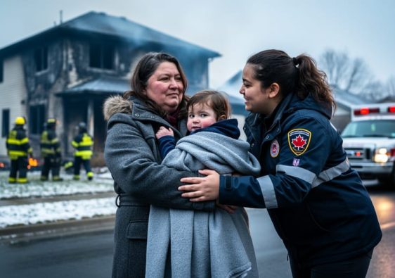 Aid worker drapes a blanket over a woman holding a child on a residential curb, with a smoke-damaged house and blurred first responders and an unmarked emergency vehicle in the background, in soft overcast light.