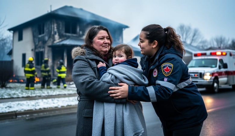 Aid worker drapes a blanket over a woman holding a child on a residential curb, with a smoke-damaged house and blurred first responders and an unmarked emergency vehicle in the background, in soft overcast light.