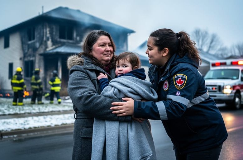 Aid worker drapes a blanket over a woman holding a child on a residential curb, with a smoke-damaged house and blurred first responders and an unmarked emergency vehicle in the background, in soft overcast light.