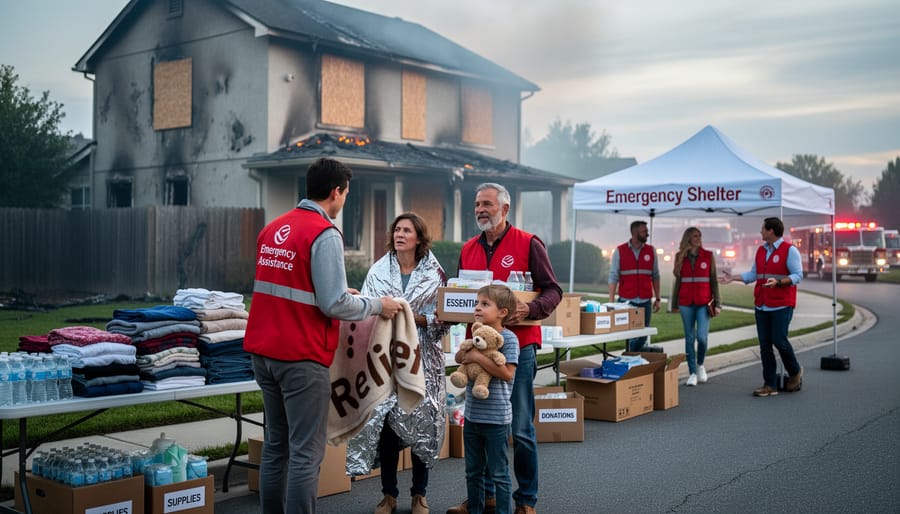 Red Cross volunteer providing emergency supplies to woman and child at disaster assistance center