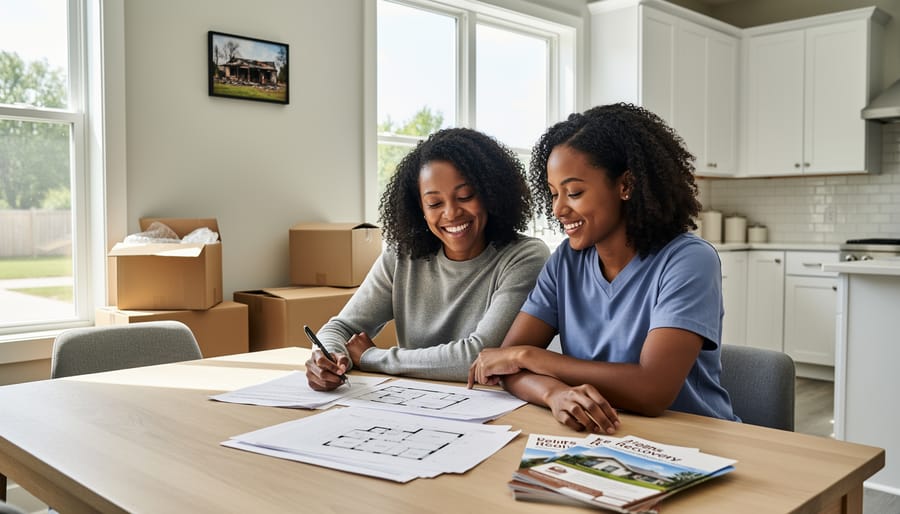 Woman holding keys standing in front of newly rebuilt home after fire recovery