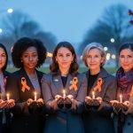 Diverse Canadian women stand together at a twilight vigil, some holding lit candles and wearing orange ribbons, with a softly blurred urban park and maple leaves in the background.