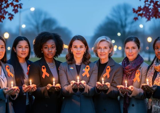 Diverse Canadian women stand together at a twilight vigil, some holding lit candles and wearing orange ribbons, with a softly blurred urban park and maple leaves in the background.