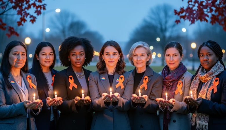 Diverse Canadian women stand together at a twilight vigil, some holding lit candles and wearing orange ribbons, with a softly blurred urban park and maple leaves in the background.