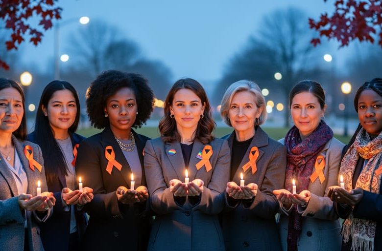 Diverse Canadian women stand together at a twilight vigil, some holding lit candles and wearing orange ribbons, with a softly blurred urban park and maple leaves in the background.
