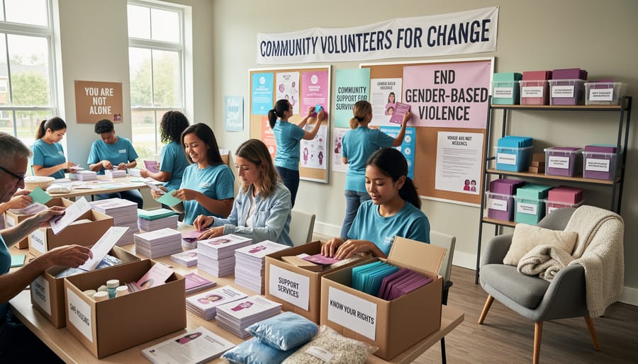 Diverse volunteers working together organizing community support resources and materials