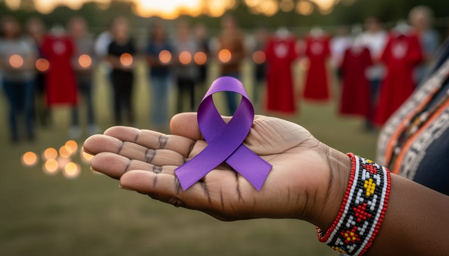 Indigenous woman's hands holding purple awareness ribbon