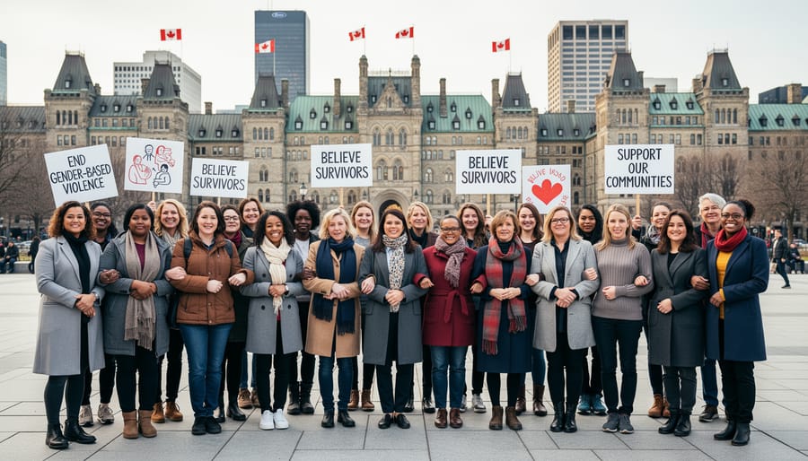 Diverse group of women standing together in solidarity with linked arms