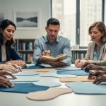 Diverse group in a well-lit room rearranging fabric shapes on a table to symbolize deconstructing patriarchy and building equity.