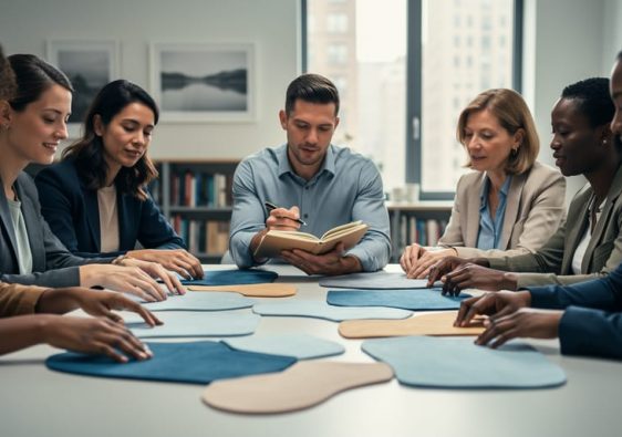 Diverse group in a well-lit room rearranging fabric shapes on a table to symbolize deconstructing patriarchy and building equity.