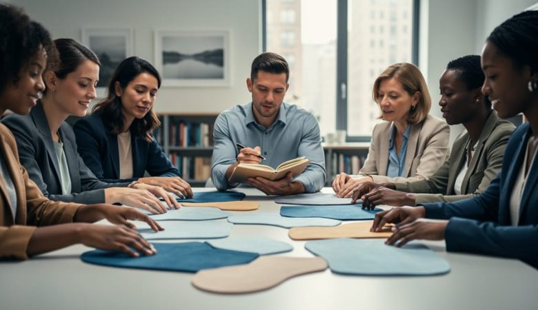 Diverse group in a well-lit room rearranging fabric shapes on a table to symbolize deconstructing patriarchy and building equity.