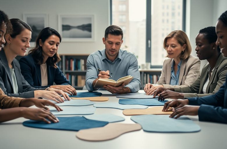 Diverse group in a well-lit room rearranging fabric shapes on a table to symbolize deconstructing patriarchy and building equity.