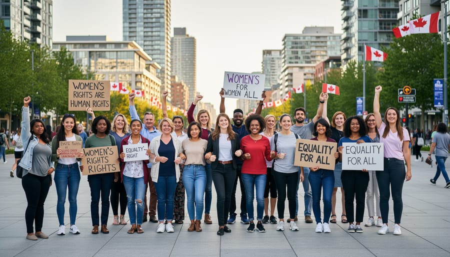 Diverse group of women and allies standing together outdoors in solidarity