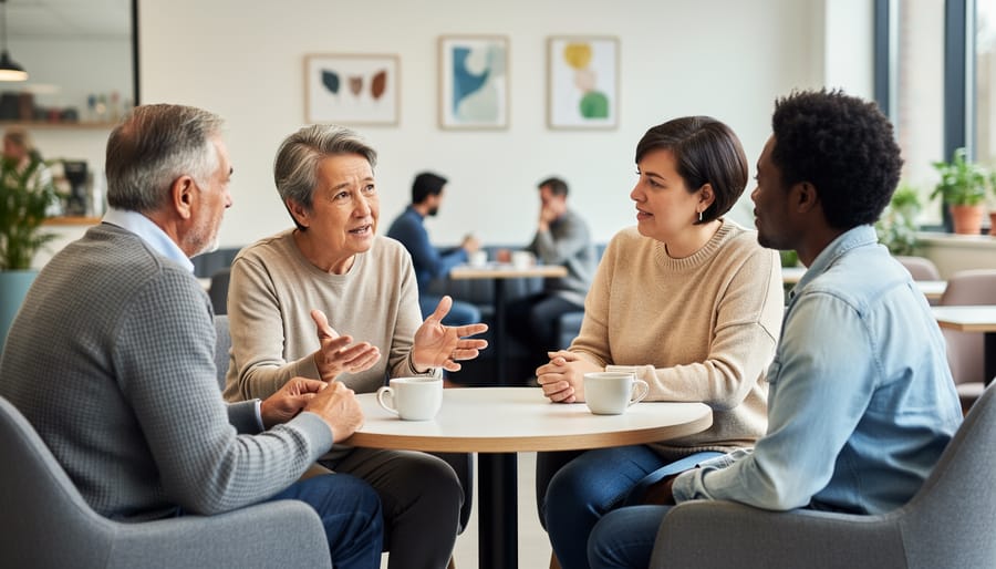 People having a supportive conversation around a kitchen table with a notebook and pen