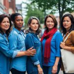 Diverse group of Canadian women standing together in a community setting, conveying solidarity and support for women’s rights.