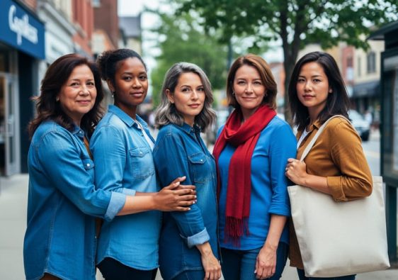 Diverse group of Canadian women standing together in a community setting, conveying solidarity and support for women’s rights.