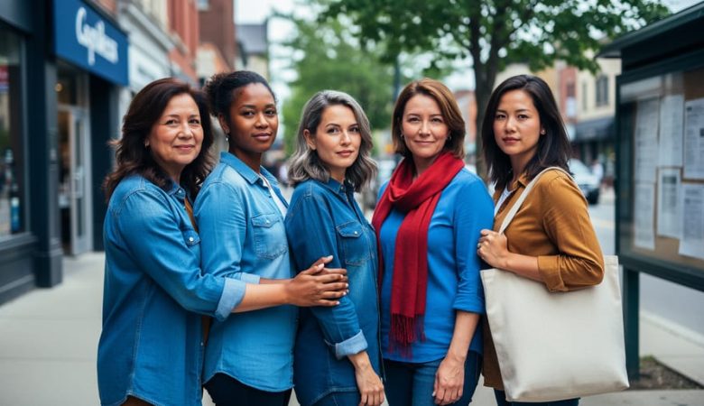 Diverse group of Canadian women standing together in a community setting, conveying solidarity and support for women’s rights.