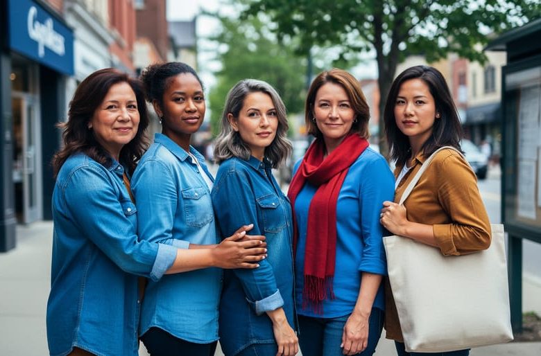 Diverse group of Canadian women standing together in a community setting, conveying solidarity and support for women’s rights.