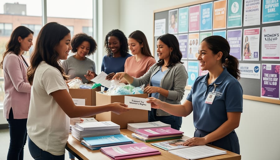 Volunteers exchanging a donation envelope and care-kit bag in a community setting