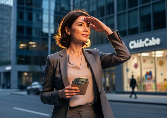 A woman walking in an urban setting with a worried expression, holding bills to symbolize economic inequality’s impact on women.