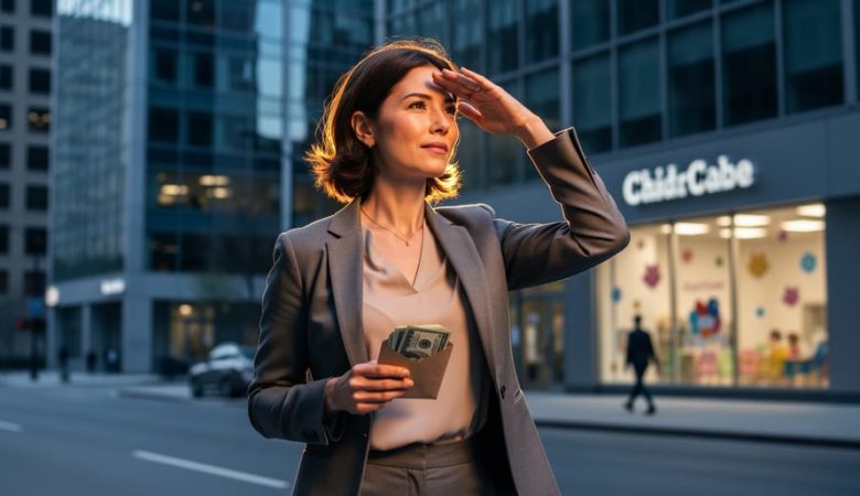 A woman walking in an urban setting with a worried expression, holding bills to symbolize economic inequality’s impact on women.