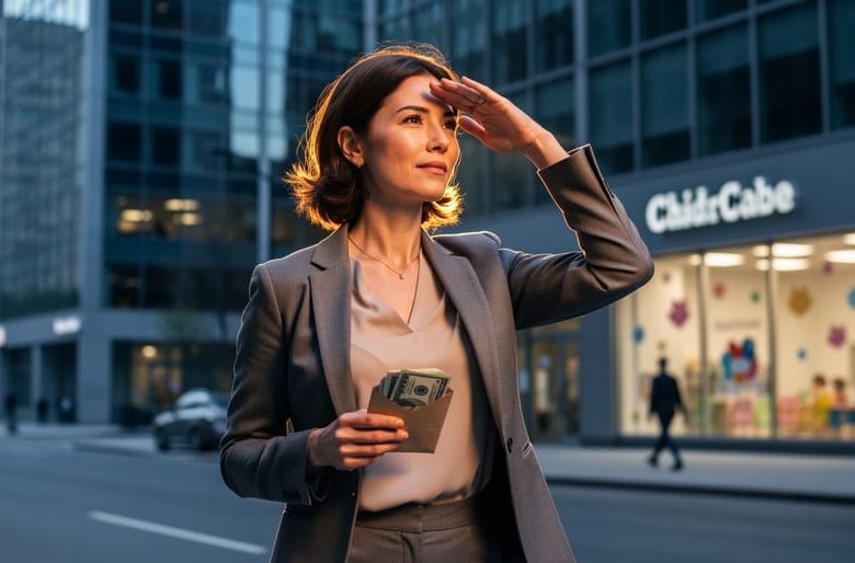 A woman walking in an urban setting with a worried expression, holding bills to symbolize economic inequality’s impact on women.