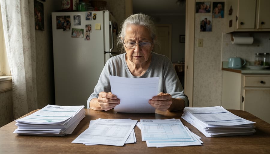 Older woman holding mail and a document folder on a quiet street at dusk.