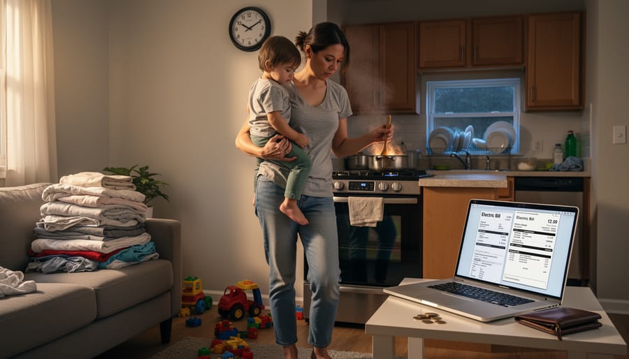 Woman at a kitchen table with a toddler nearby and folded clothing suggesting caregiving responsibilities.