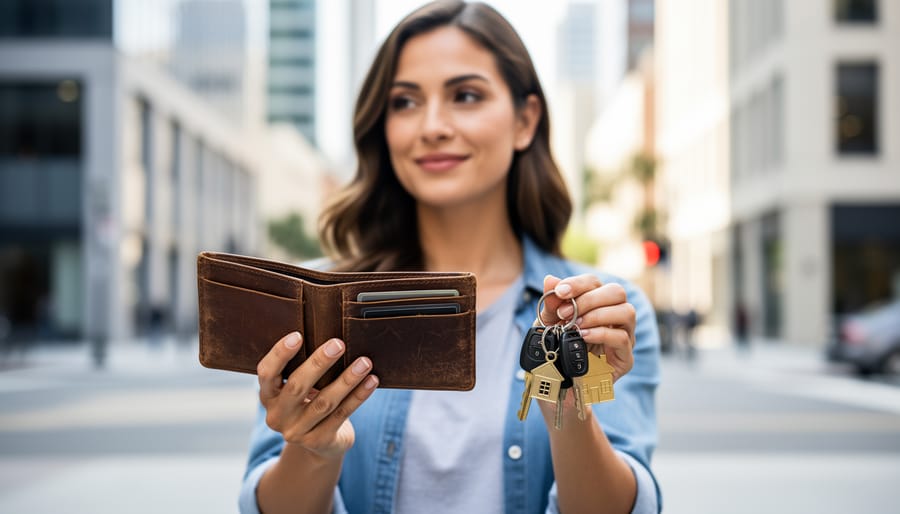 Woman holding a wallet and a key ring near a residential building entrance.