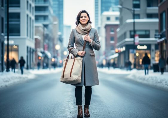 A Canadian woman stands confidently in a winter city street scene, symbolizing women’s fight for economic justice and secure futures.