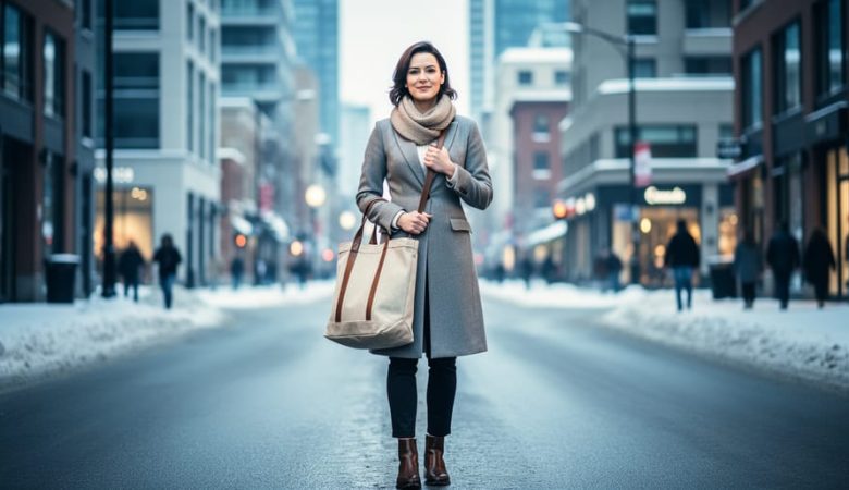 A Canadian woman stands confidently in a winter city street scene, symbolizing women’s fight for economic justice and secure futures.
