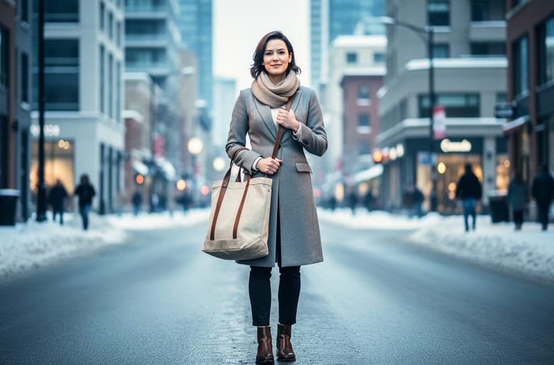 A Canadian woman stands confidently in a winter city street scene, symbolizing women’s fight for economic justice and secure futures.
