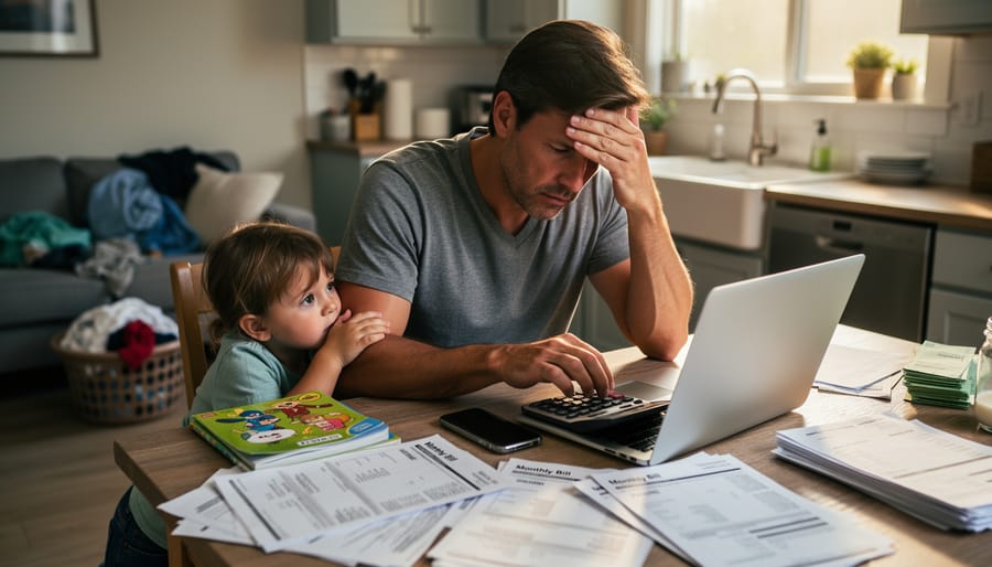 Woman organizing childcare items and bills on a kitchen table while working on a laptop during evening light